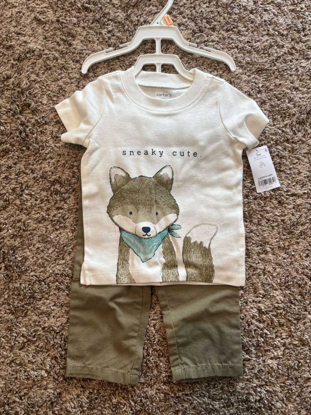 Carters “Sneaky Cute" Fox Graphic Baby Tee With Matching Khakis. Size 12 months